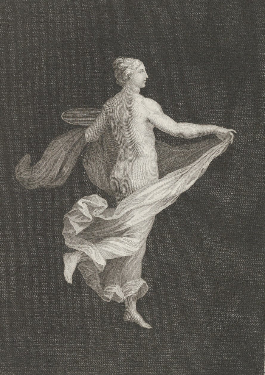 En delvis naken bacchante sedd bakifrån, vänd åt höger och med en oval d..., ca. 1795-ca. 1820. av Antonio Ricciani