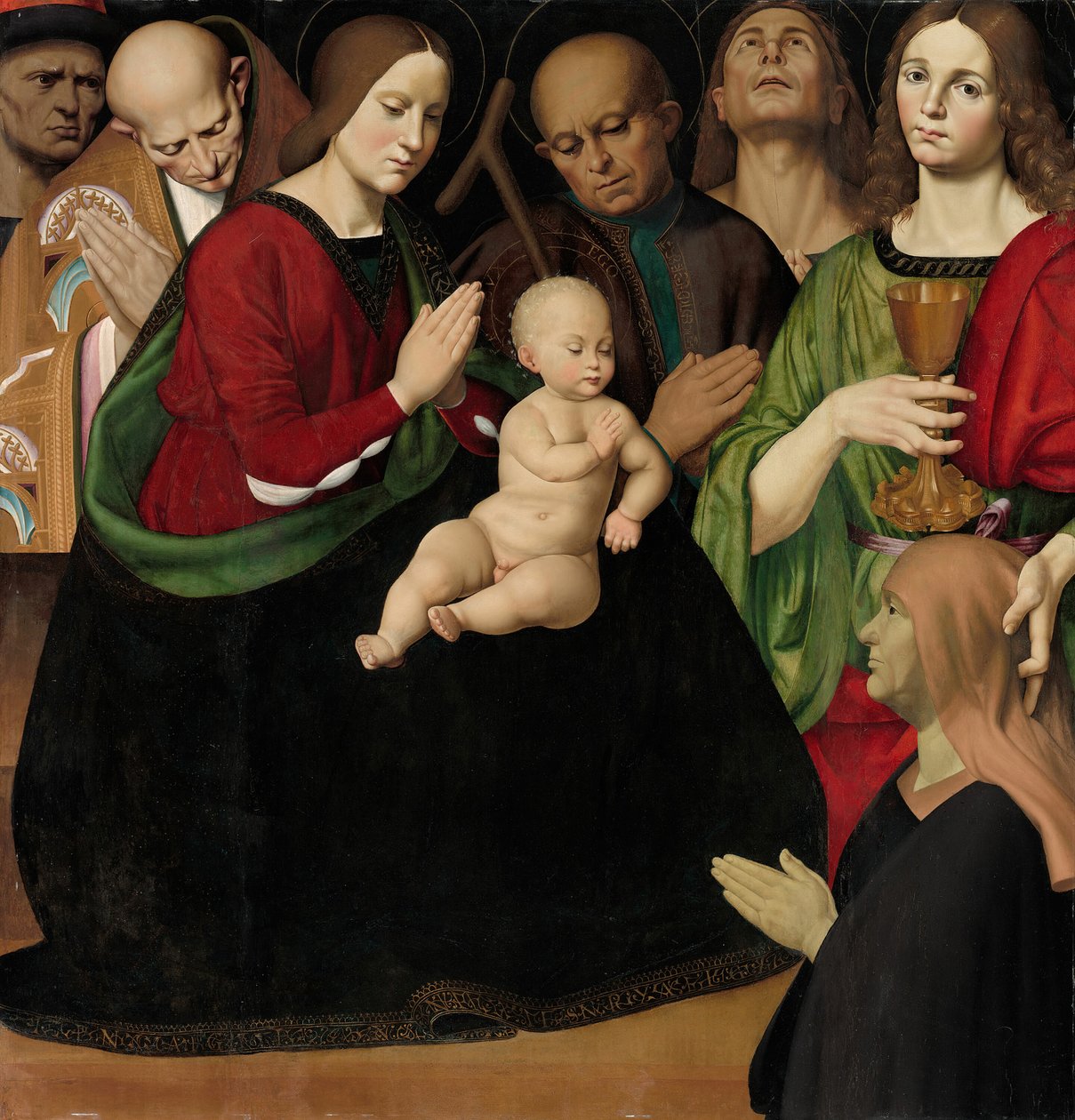 Den heliga familjen med fyra heliga och en kvinnlig donator, ca. 1510. av Antonio Rimpacta