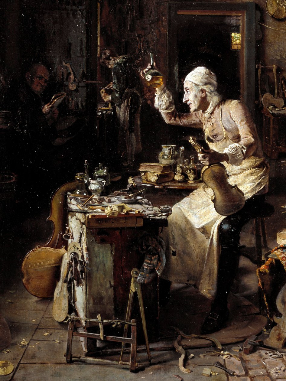 Detalj av: "" Den italienske luthier Stradivarius (1644-1737) i hans verkstad"" Målning av Antonio Rinaldi (1800-talet) 1886 Cremone, Museo Civico av Antonio Rinaldi