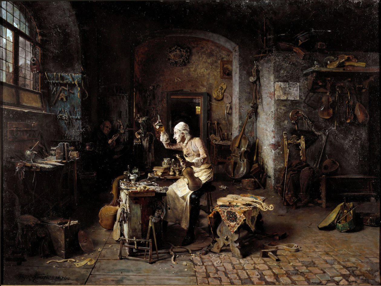 Den italienske luthier Antonio Stradivari (Stradivarius) (1644-1737) i sin verkstad av Antonio Rinaldi