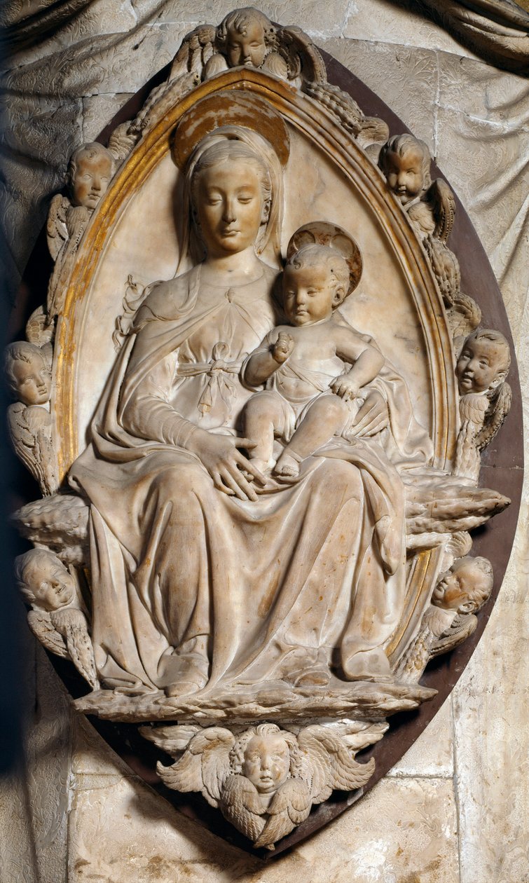 Jungfru och barn i mandorla. Skulptur med låg relief av Antonio Rossellino