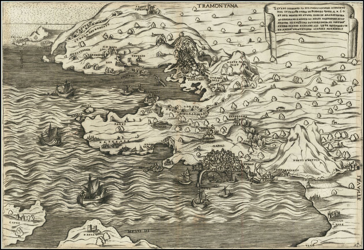 Antonio Salamanca 1538 Il Vero Disegnio In Sui Propio Luogho Ritratto Del In Felice Paese Di Posuolo Quale E. M. 60 et del Monte di Nuovo Nato In Mare Et In Terra , , , 29 de Setenbre 1538 av Antonio Salamanca