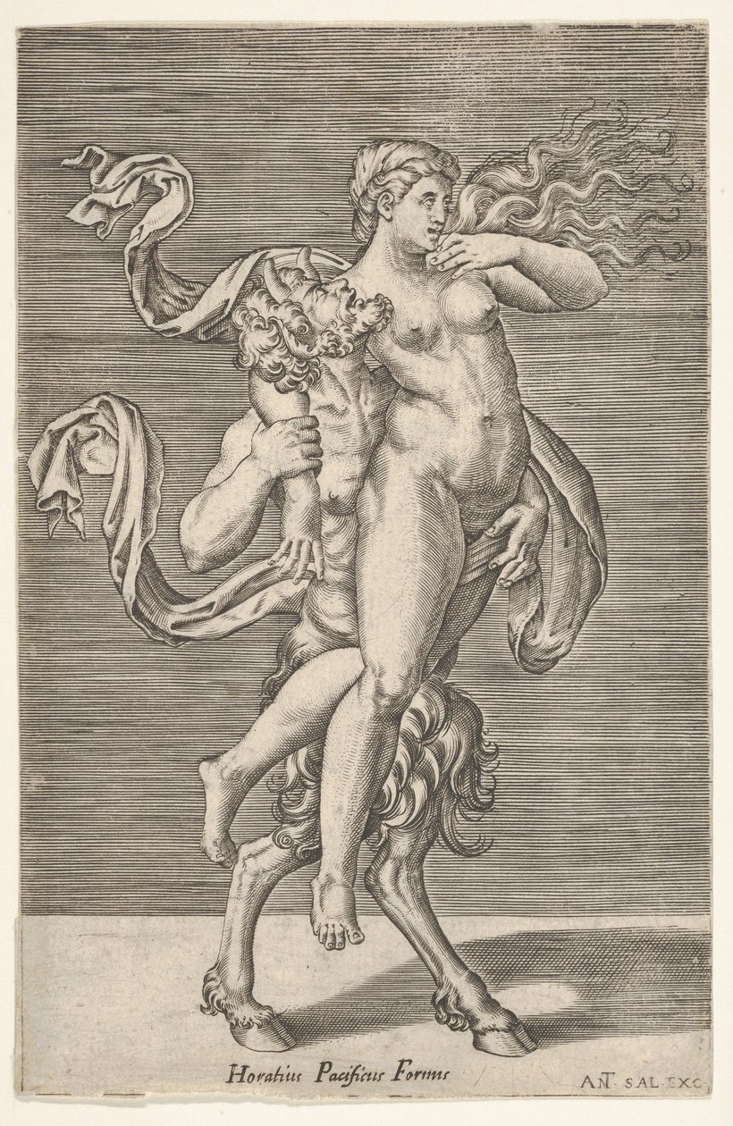 Satyr bärande en nymf, vars högra arm är lindad runt satyrens hals, med en ..., ca. 1505-62. av Antonio Salamanca