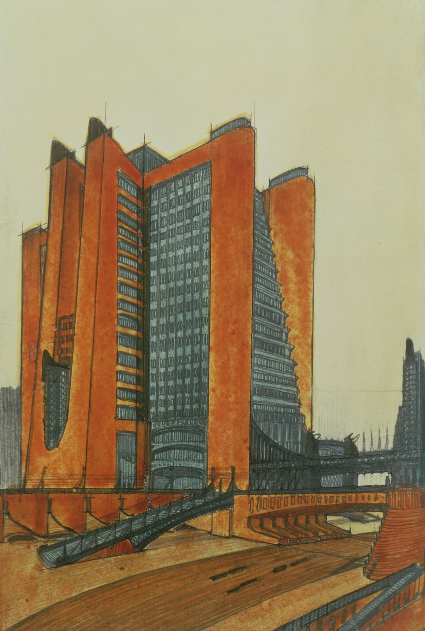La Citta Nuova, 1913 (bläck, penna och wc på papper) av Antonio SantElia