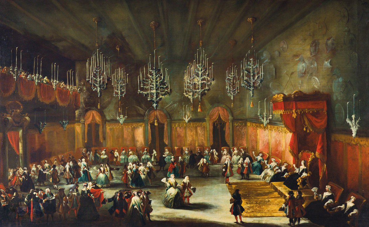 Bal för att hedra Anna Maria Luisa de Medici, kurfurstin av Pfalz, ca. 1718-1719. av Antonio Stom