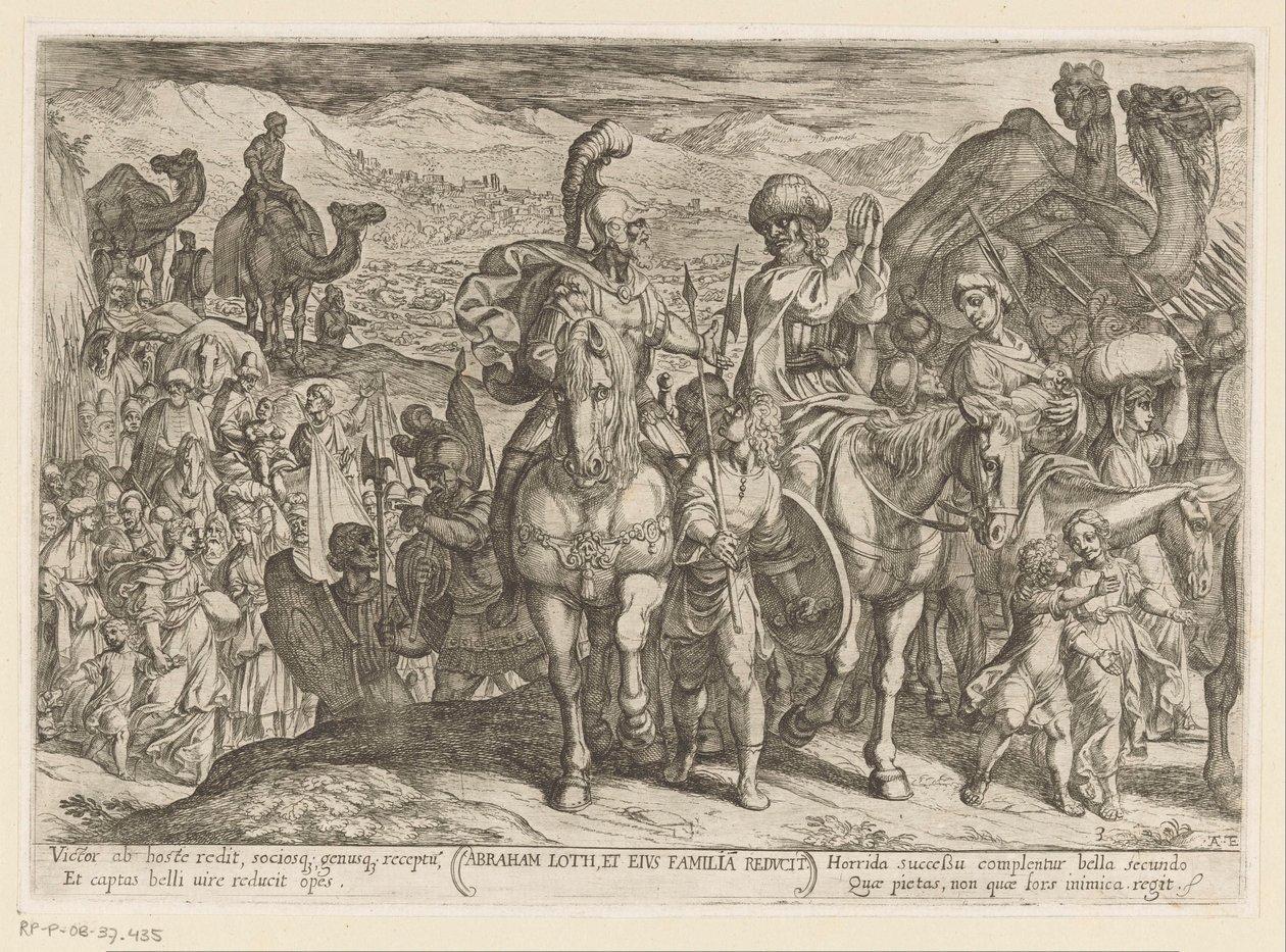 Abraham tar med Lot och hans familj till sitt eget land Abraham Loth, et familia reducit (titel på objekt) Gamla testamentets stridsscener (serietitel) av Antonio Tempesta