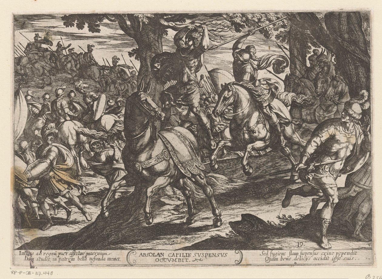Absalom genom Joab gedood Absolan faller ner med håret hängande (titel på objekt) Oudtestamentische strijdscènes (serietitel) av Antonio Tempesta