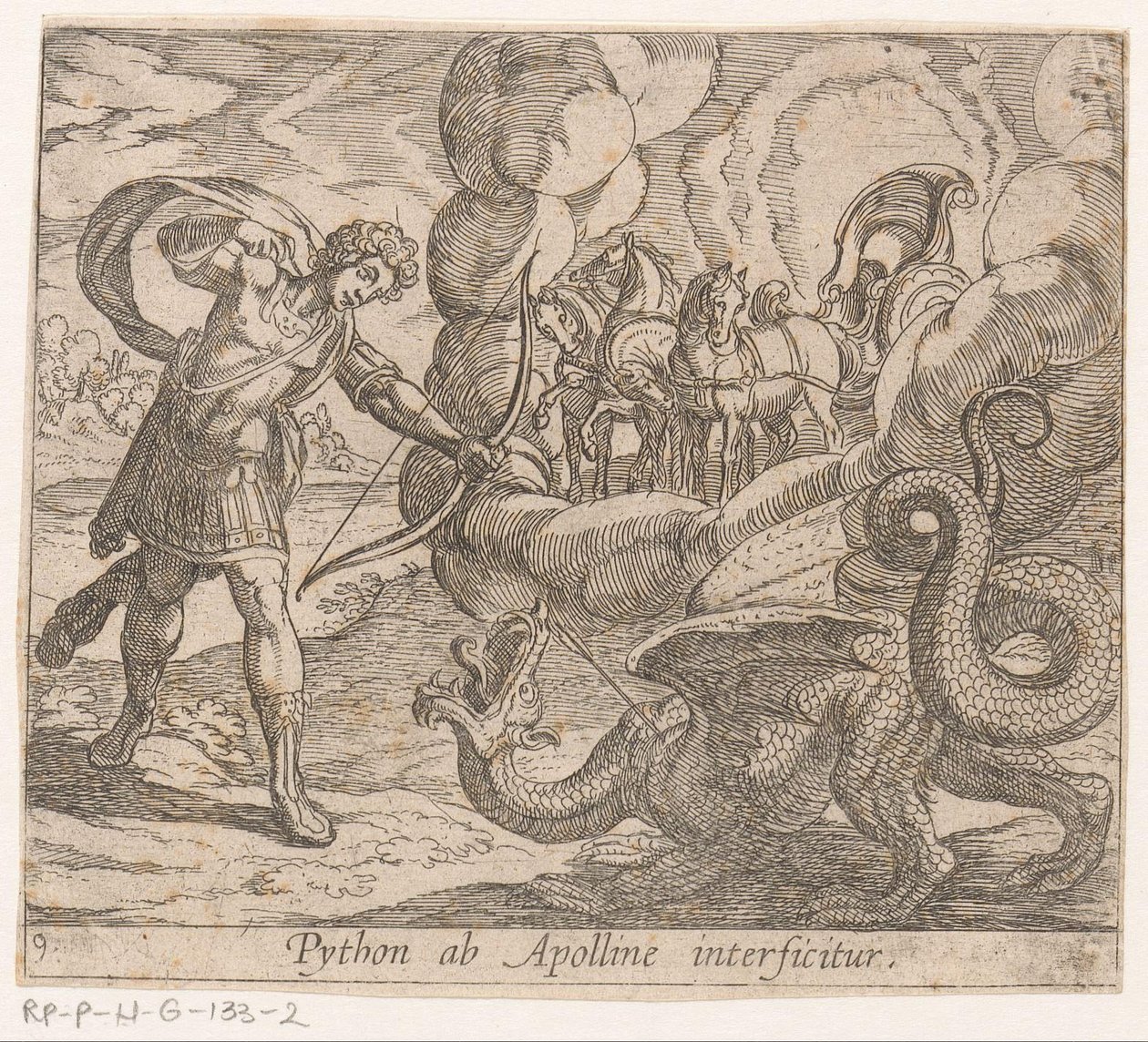 Apollo doods Python Python dödas av Apollo (titel på objekt) Metamorfoseon eller transformationer (serietitel) Metamorfosen van Ovidius (serietitel) av Antonio Tempesta