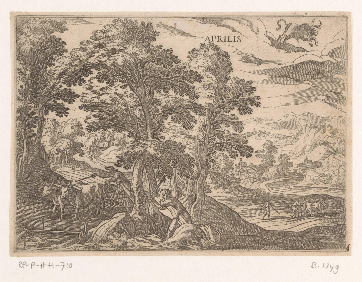 April: plöjning och sådd (tjur) Aprilis (titel på objekt) De tolv månaderna (del 2) (serietitel) av Antonio Tempesta