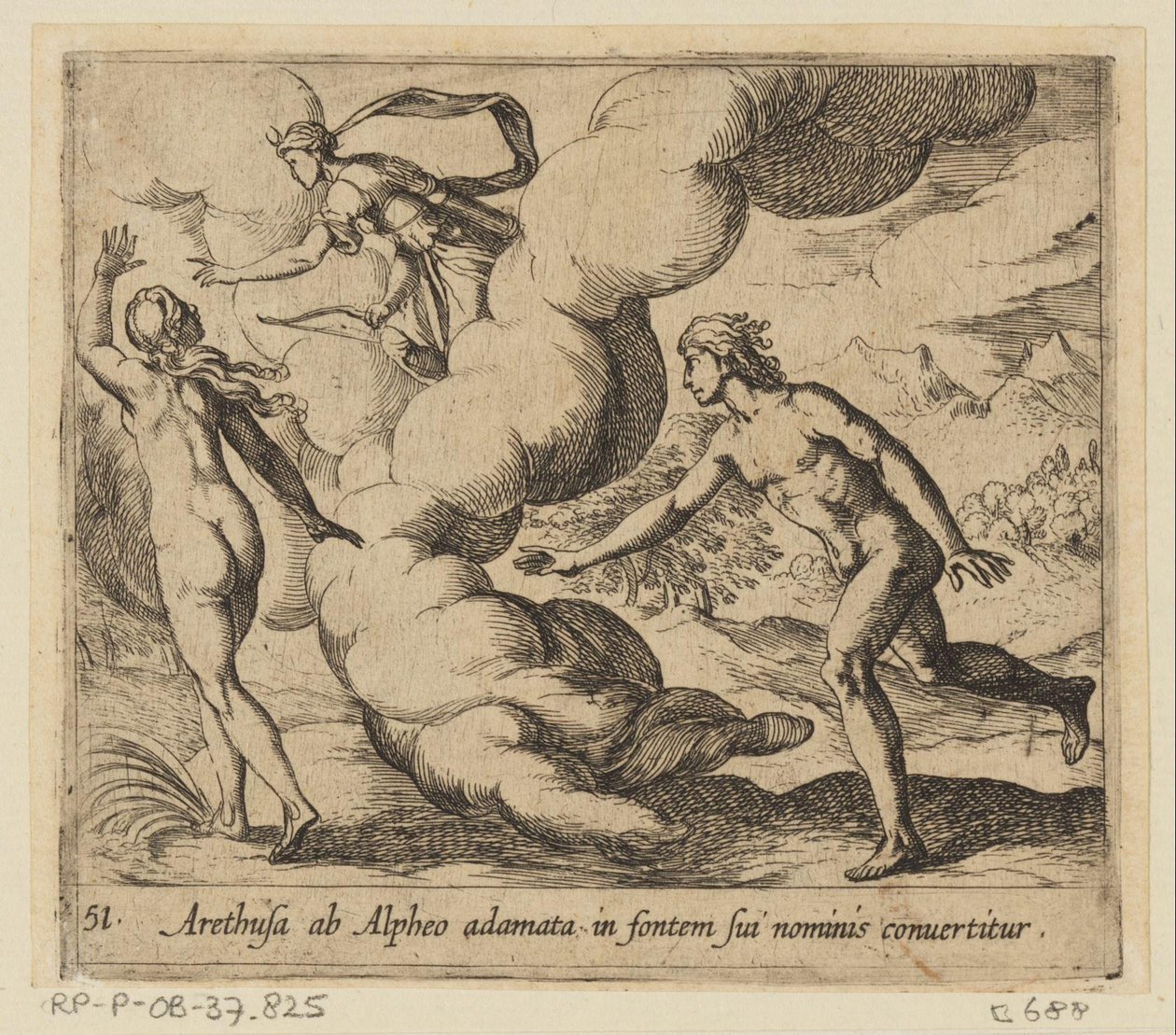 Arethusa wordt efterföljd av Alpheus Arethusa, förälskad i Alpheus, förvandlas till källan till hennes namn (titel på objektet) Metamorfoseon eller transformationer (serietitel) Metamorfosen van Ovidius (serietitel) av Antonio Tempesta