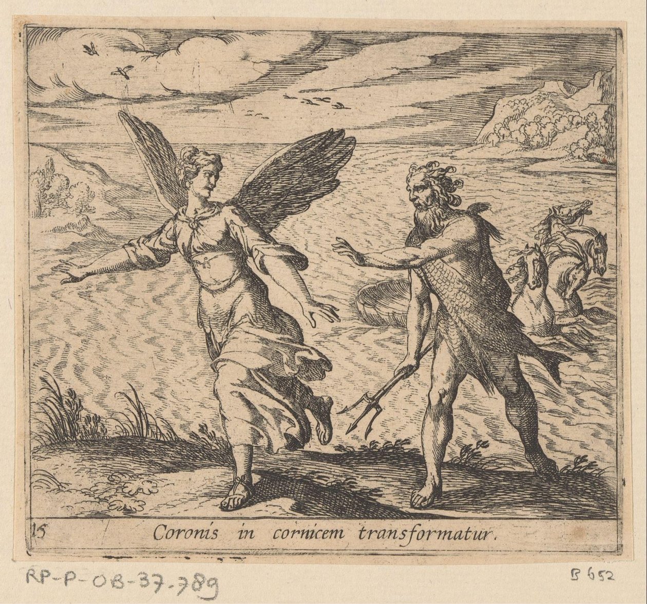Kronan ändrades till een kraai En krona förvandlas till en taklist (titel på objekt) Metamorfoseon eller transformationer (serietitel) Metamorfosen van Ovidius (serietitel) av Antonio Tempesta