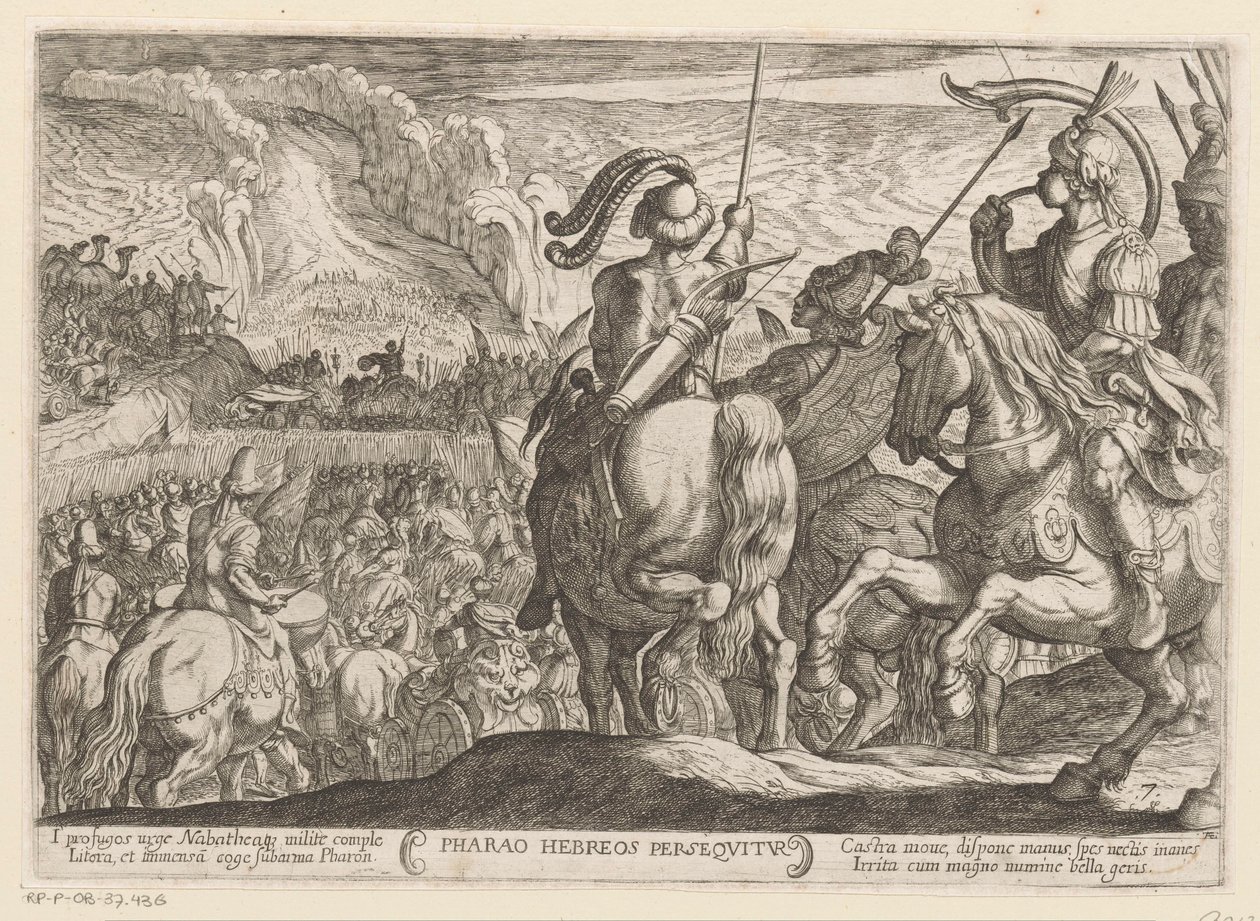 Egyptierna jagar israeliterna genom Röda havet Farao Hebreos persequitur (titel på objekt) Gamla testamentets stridsscener (serietitel) av Antonio Tempesta