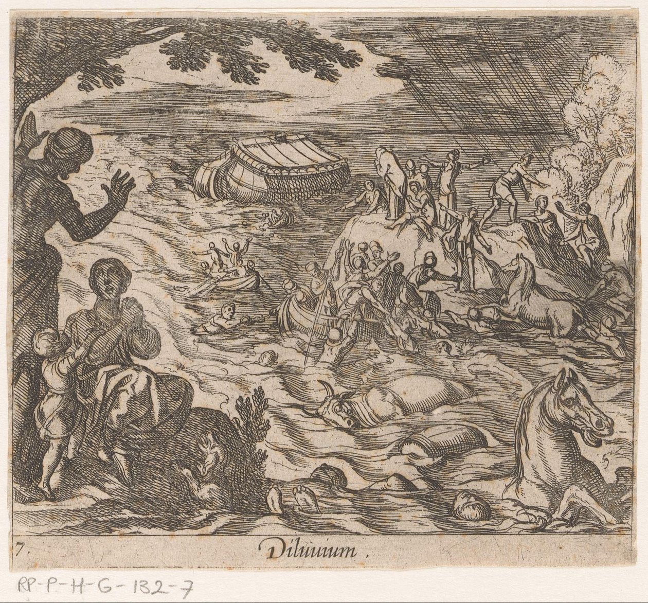 De Zondvloed Deluvium (titel på objekt) Metamorphoseon sive transformationum (serietitel) Metamorfosen van Ovidius (serietitel) av Antonio Tempesta