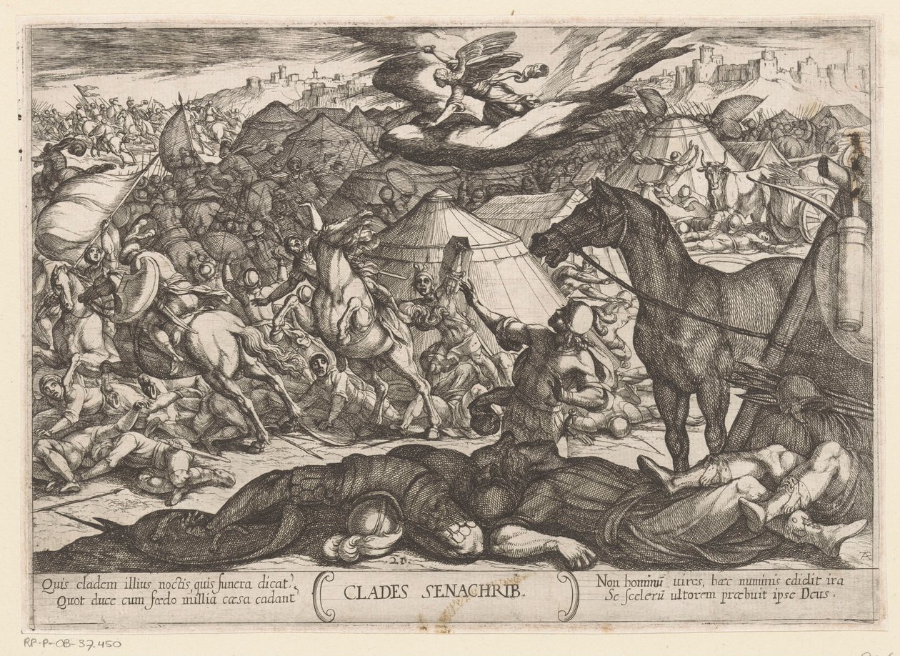 Dödsängeln erövrar Sanheribs armé Clades Senachrib (titel på objekt) Gamla testamentets stridsscener (serietitel) av Antonio Tempesta