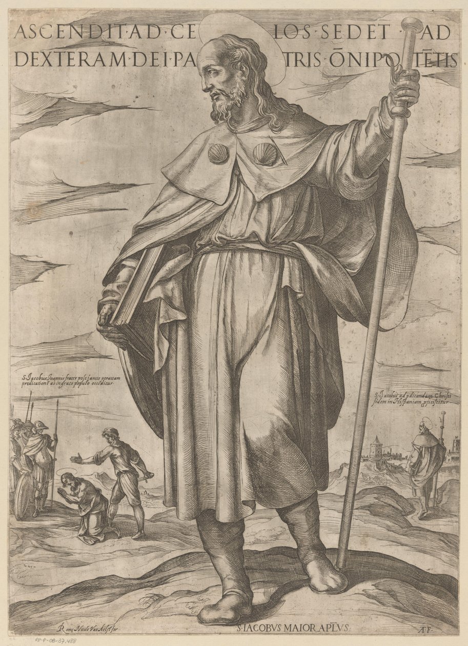 De heilige Jakobus de Meerdere Han som steg upp till himlen sitter på Guds Fader, den allsmäktiges högra sida (titel på objektet) Kristus, Maria och aposteln (serietitel) av Antonio Tempesta