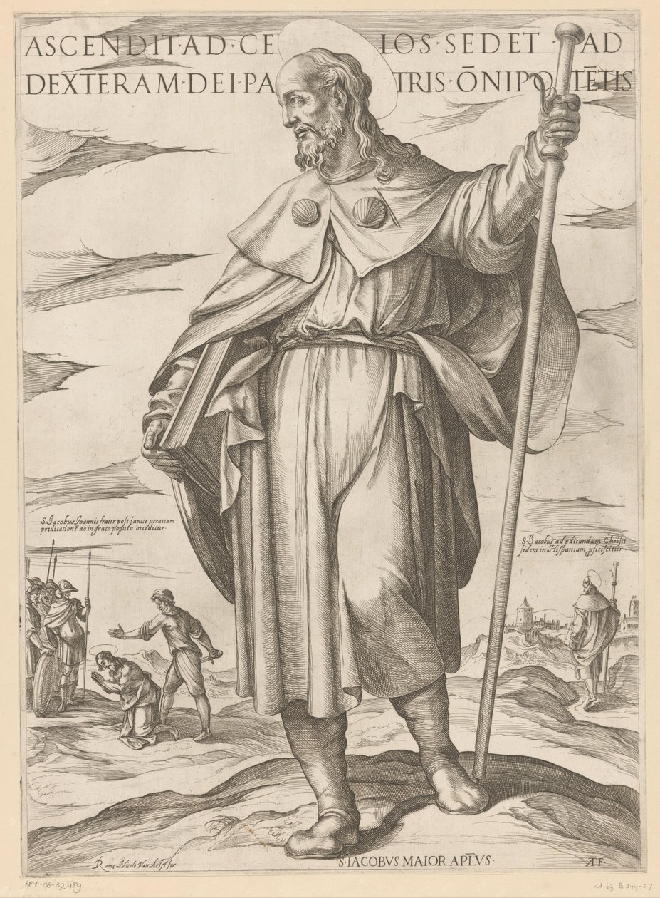 De heilige Jakobus de Meerdere Han som steg upp till himlen sitter på Guds Fader, den allsmäktiges högra sida (titel på objektet) Kristus, Maria och aposteln (serietitel) av Antonio Tempesta