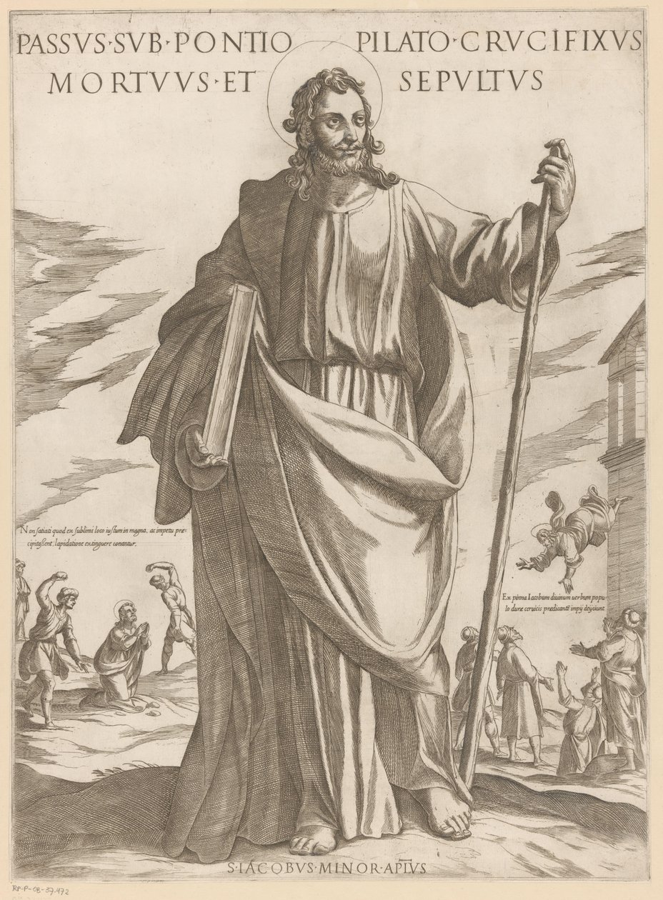 De heilige Jakobus de Mindere Lidande under Pontius Pilatus, korsfäst, död och begravd (titel på objekt) Kristus, Maria och aposteln (serietitel) av Antonio Tempesta