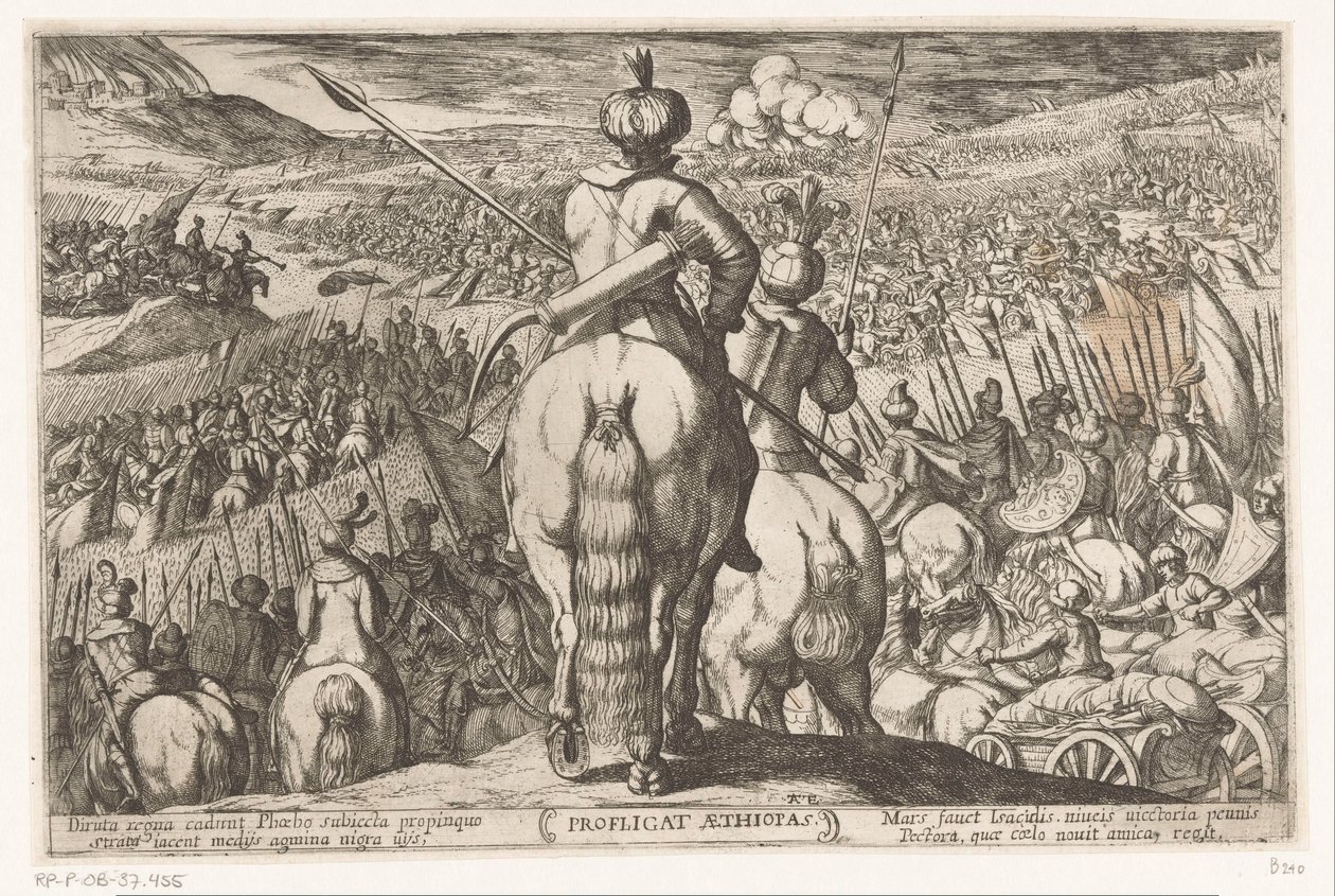 Etiopiernas nederlag Profligat Aethiopas (titel på objekt) Gamla testamentets stridsscener (serietitel) av Antonio Tempesta