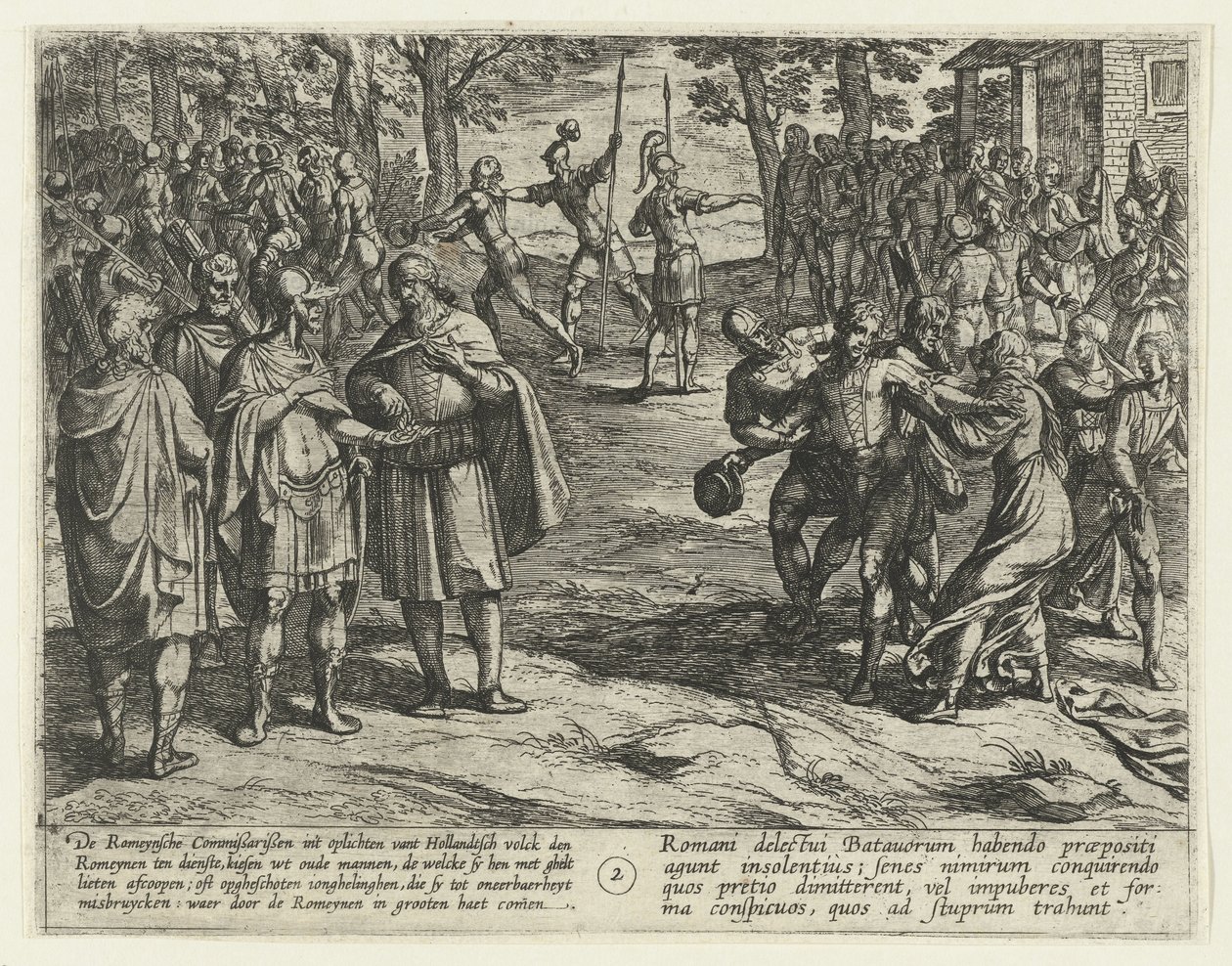 De gamla bataviska männen köper av sig sin tjänst till romarna, 69-70 The Batavian Revolt (serietitel) Batavorum cum Romanis Bellum, à majs. Tacito / The Batavian Oft Oude Hollandtsche Krijghe teghen de Romeynen (serietitel på objekt) av Antonio Tempesta