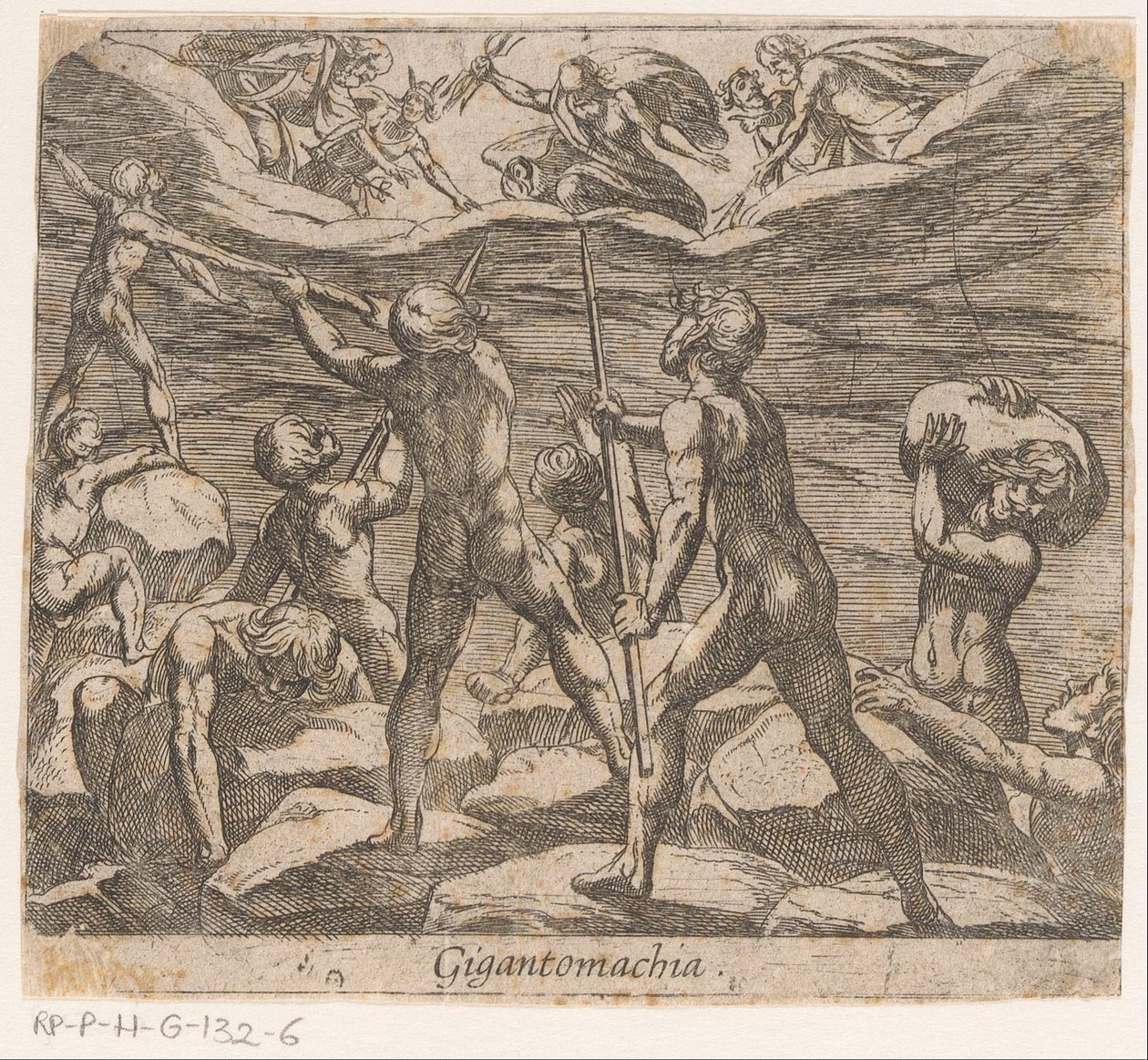 Jättarna försöker attackera Olympen Gigantomachia (titel på objekt) Metamorphoseon sive transformationum (serietitel) Metamorphoses of Ovid (serietitel) av Antonio Tempesta