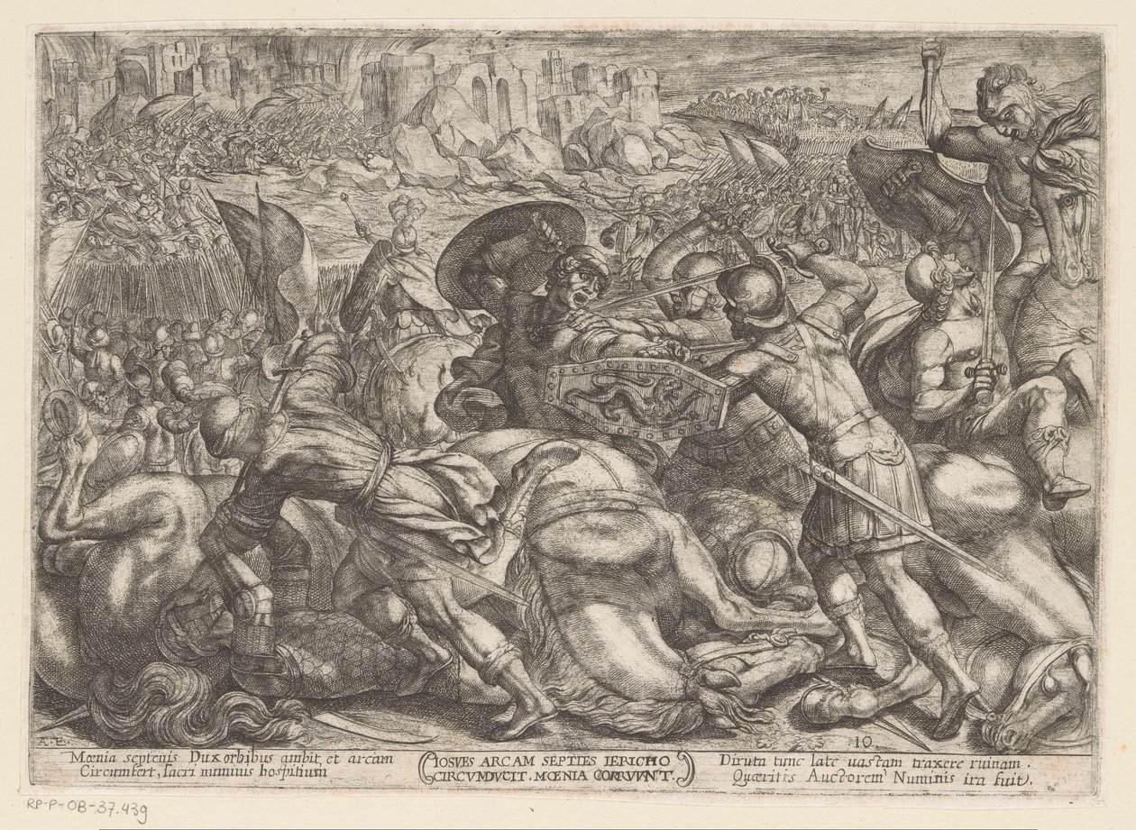 Jerikos fall Iosues ercam septies Iericho circumducit moenia corruunt (titel på objekt) Gamla testamentets stridsscener (serietitel) av Antonio Tempesta