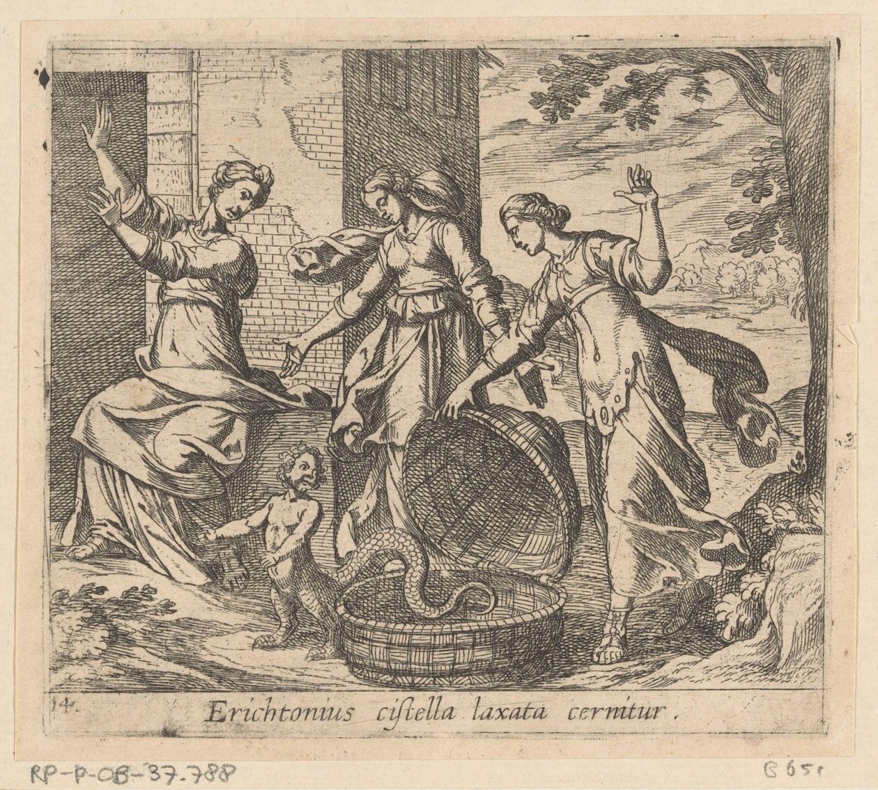 Erichthonius uit zijn mand gelaten Erichthonius ses med en lös korg (titel på föremål) Metamorfoseon eller transformationer (serietitel) Metamorfosen van Ovidius (serietitel) av Antonio Tempesta