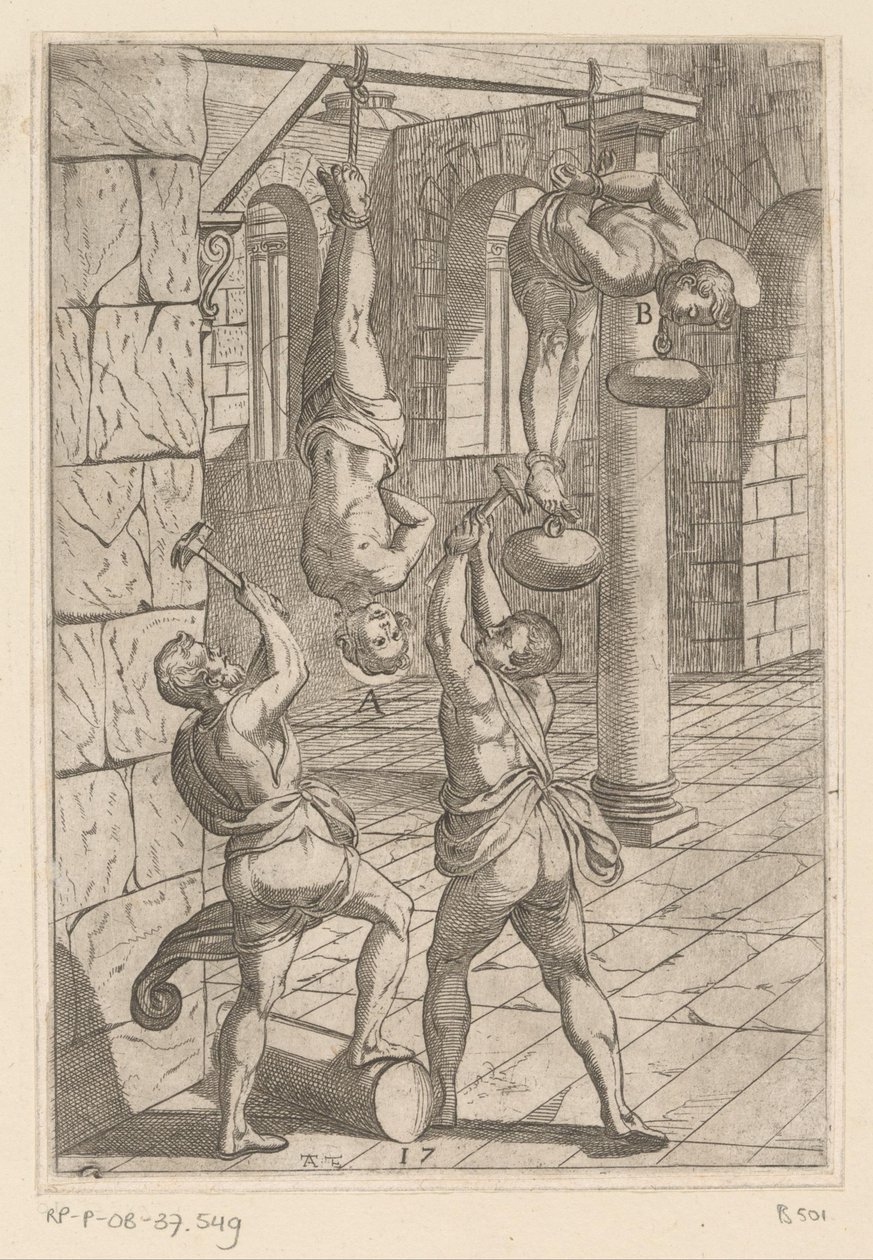 Tortyr med hammare medan du hänger Tortyr som lidit av kristna martyrer (serietitel) Varia tormentorum et supplicioru crudelium (...) (serietitel) av Antonio Tempesta