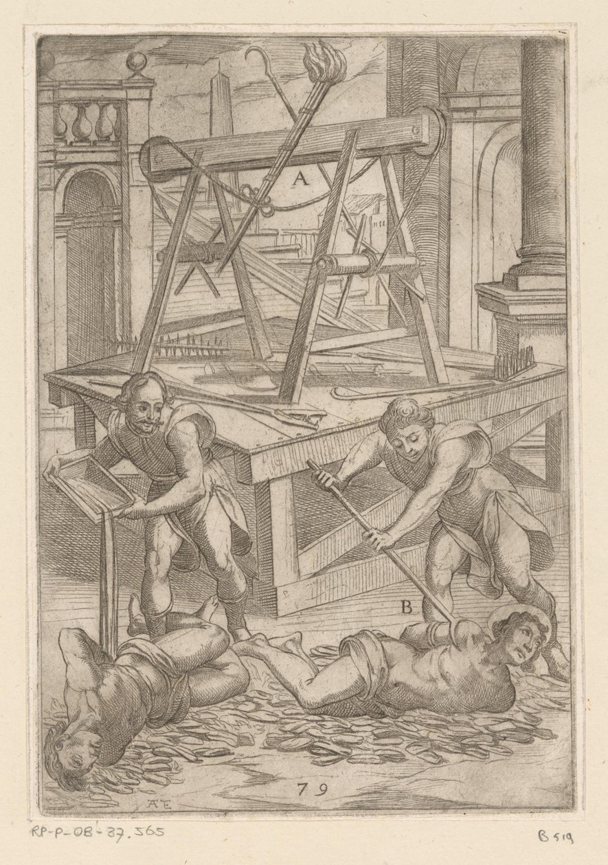 Tortyr med kokande olja Tortyr som lidit av kristna martyrer (serietitel) Varia tormentorum et supplicioru crudelium (...) (serietitel) av Antonio Tempesta