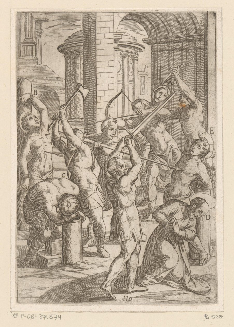 Tortyr med svärd, spjut och pil och båge Tortyr som lidit av kristna martyrer (serietitel) Varia tormentorum et supplicioru crudelium (...) (serietitel) av Antonio Tempesta