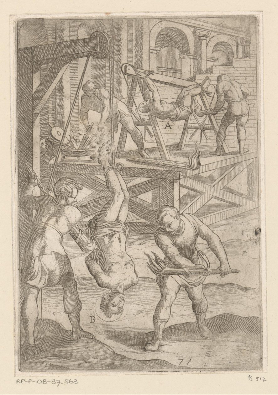 Tortyr: hängande och brinnande Tortyr som lidit av kristna martyrer (serietitel) Varia tormentorum et supplicioru crudelium (...) (serietitel) av Antonio Tempesta