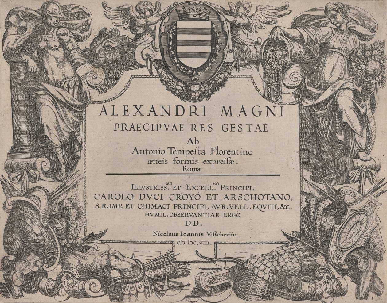 Frontispice till Alexander den stores liv, till vänster är Bellona och till höger en hona ..., 1608. av Antonio Tempesta