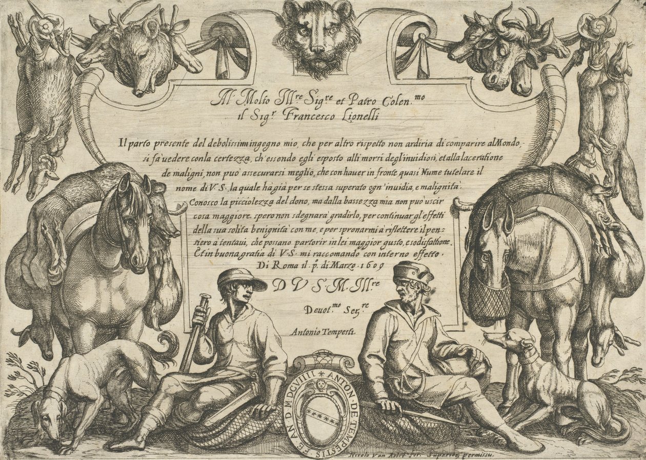 Frontispice med jägare, hundar och hästar, från "Hunting Scenes VI", 1609. av Antonio Tempesta