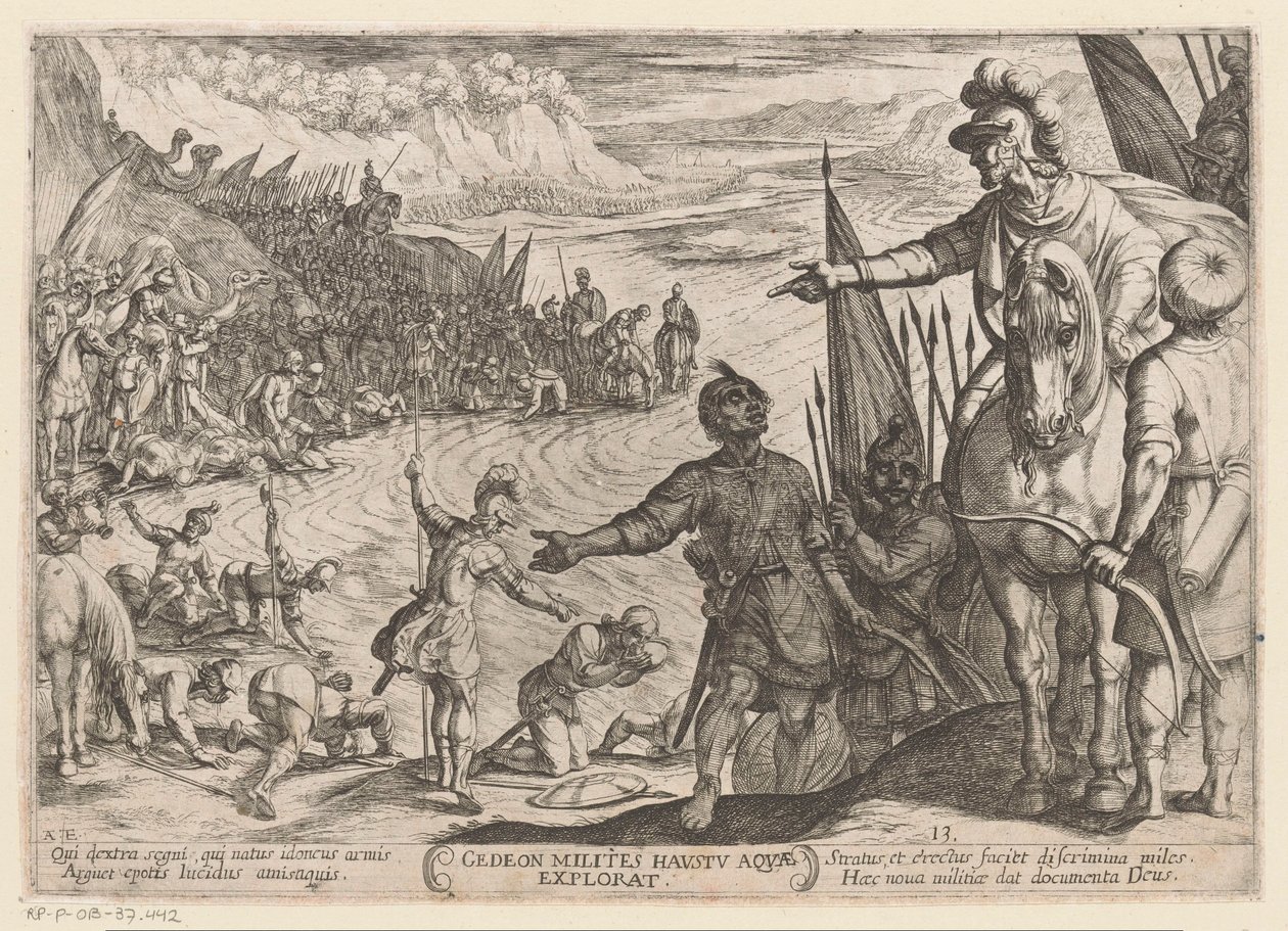 Gideon väljer sina soldater Gedeon milites haustu aquae explorat (titel på objekt) Gamla testamentets stridsscener (serietitel) av Antonio Tempesta