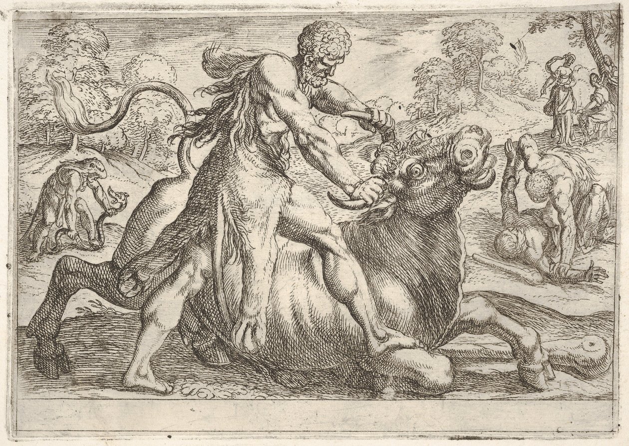 Hercules och Achelous: i mitten tar Hercules tag i hornen på en tjur medan han trycker på hans ri..., 1608. av Antonio Tempesta