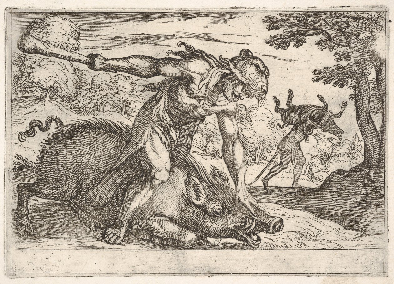 Hercules and the Boar of Erymanthus: Hercules håller ner galtens nos med sin vänstra ha..., 1608. av Antonio Tempesta