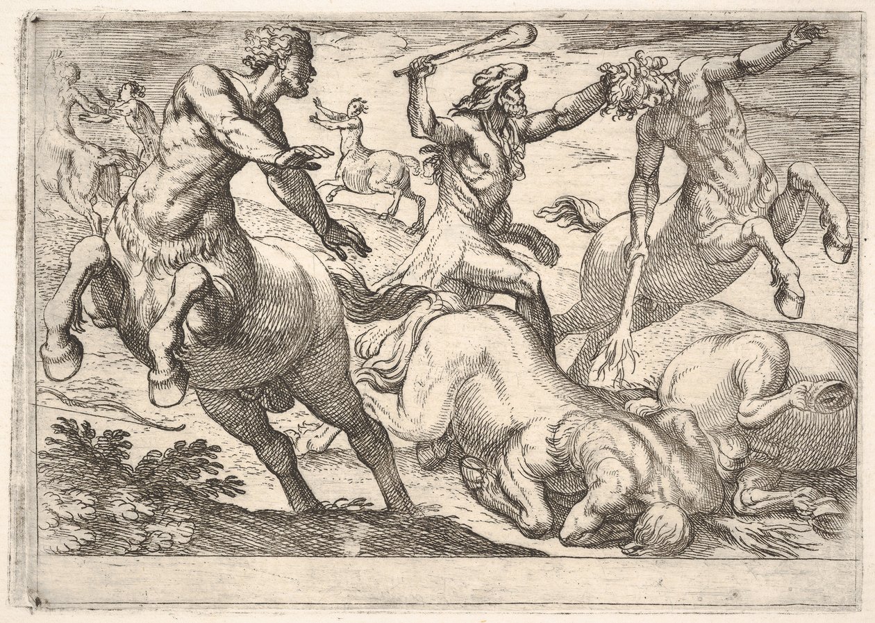 Hercules and the Centaurs: Hercules håller i huvudet på en kentaur med sin vänstra hand och rai..., 1608. av Antonio Tempesta