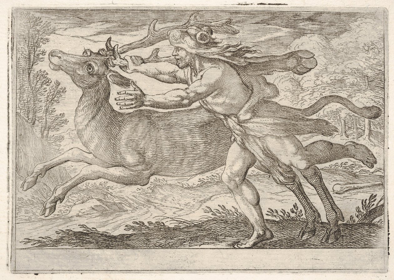 Hercules and the hind of Mount Cerynea: Hercules går bredvid baken och tar tag i..., 1608. av Antonio Tempesta