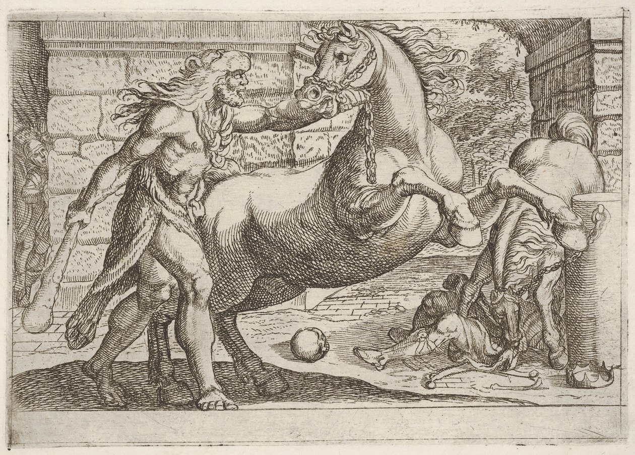 Hercules and the Mares of Diomedes: Hercules tar tag i tränset på en uppfödande häst, en sekund..., 1608. av Antonio Tempesta