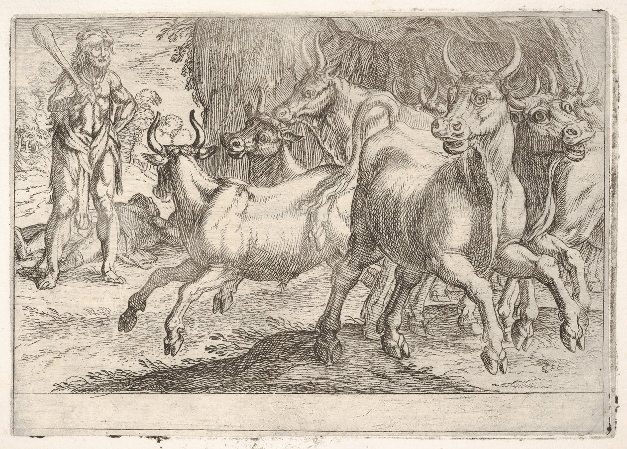 Hercules and the Oxen of Geryones: med en klubba upplyft av sin högra hand, konfronterar Hercules..., 1608. av Antonio Tempesta