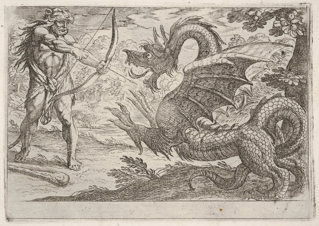 Hercules and the Serpent Ladon: Hercules drar sin båge, den uppfödande ormen dyker upp i pro..., 1608. av Antonio Tempesta