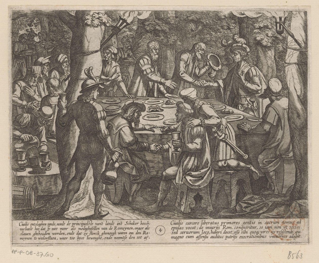 Julius Civilis berättar för de holländska äldre att de behandlas som slavar av romarna De bataviska krigen mot romarna (serietitel) Batavorum cum Romanis Bellum (serietitel) av Antonio Tempesta