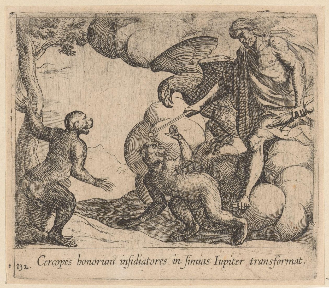 Jupiter förvandlar Cercopes till en apa Jupiter förvandlar det godas belägrare till apor (titel på objekt) Metamorfoseon eller transformationer (serietitel) Metamorfosen van Ovidius (serietitel) av Antonio Tempesta