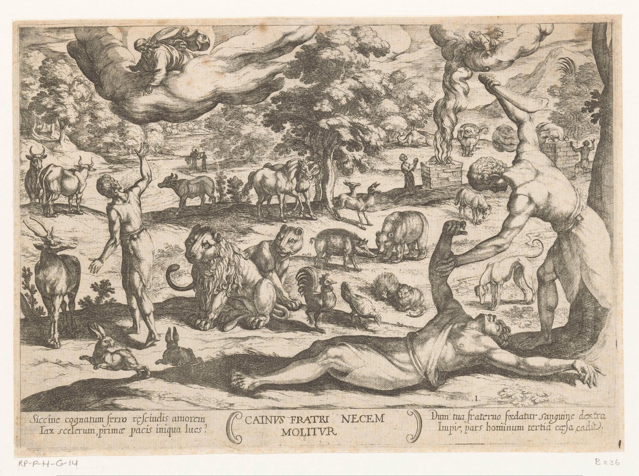 Kain dödar Abel Cainus fratri necem molitur (titel på objekt) Gamla testamentets stridsscener (serietitel) av Antonio Tempesta