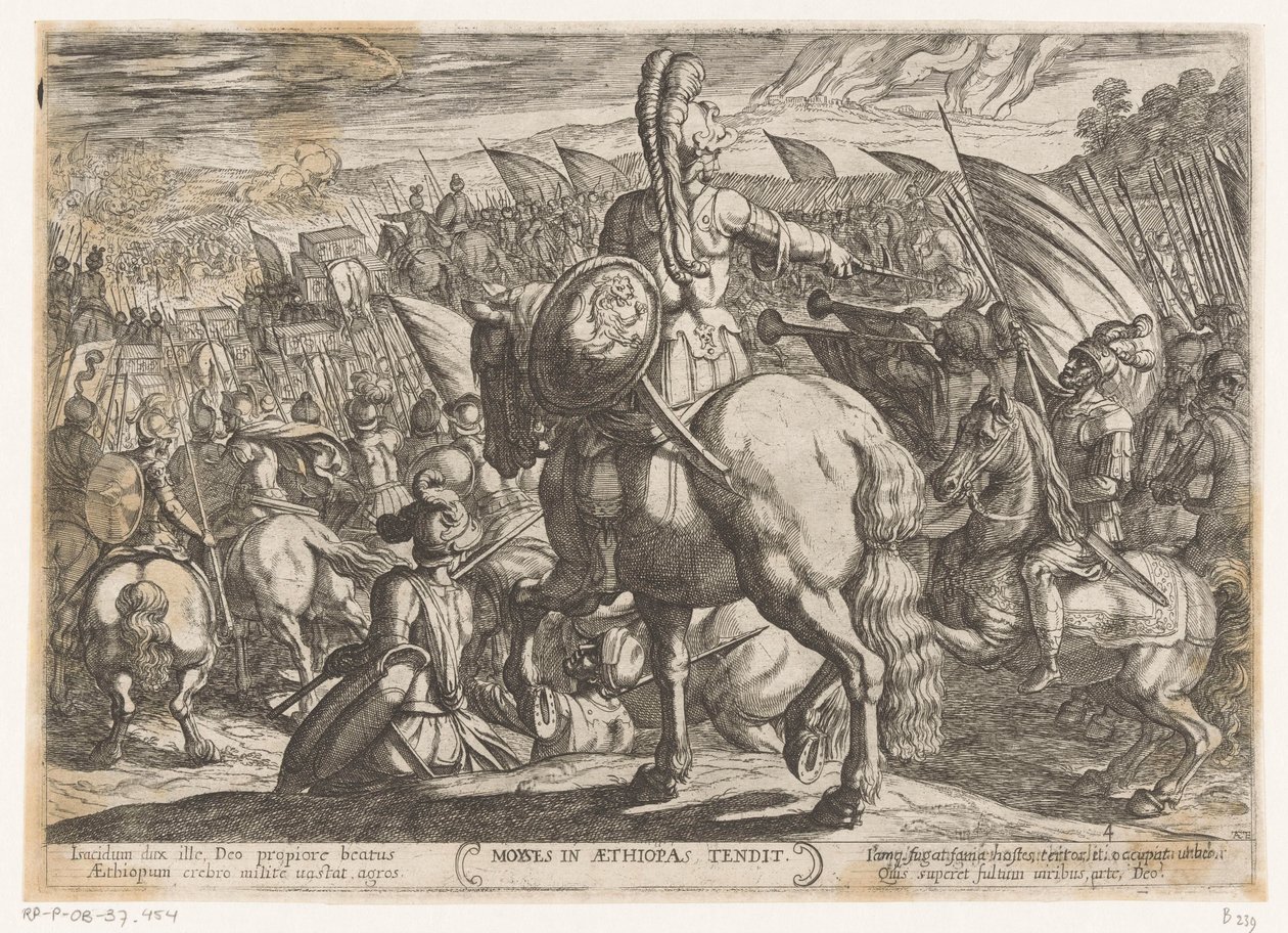 Moses beordrar israeliterna att attackera etiopierna Moyses i Aethiopas tendit (titel på objekt) Gamla testamentets stridsscener (serietitel) av Antonio Tempesta