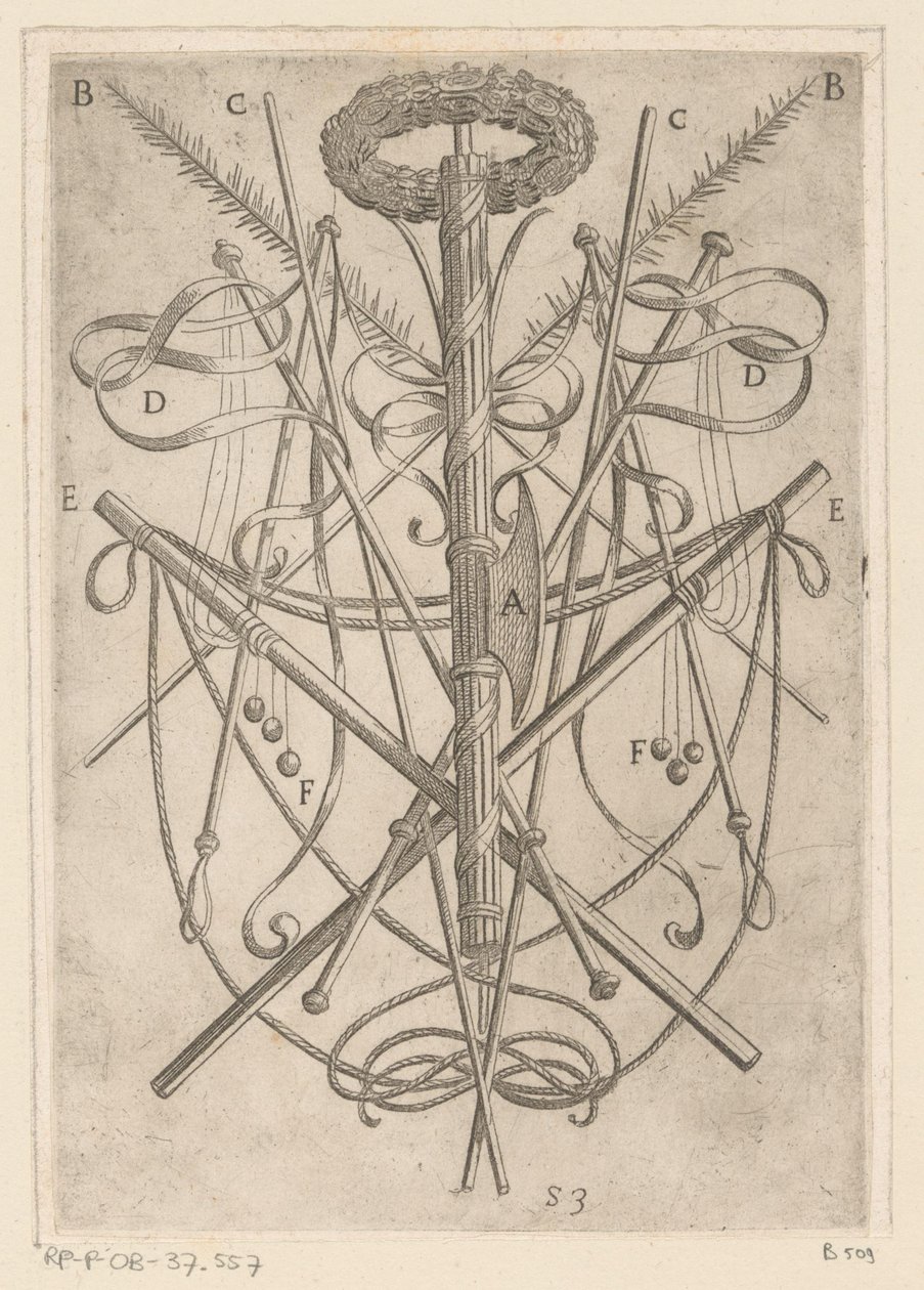 Prydnad med tortyrverktyg Tortyr som lidit av kristna martyrer (serietitel) Varia tormentorum et supplicioru crudelium (...) (serietitel) av Antonio Tempesta
