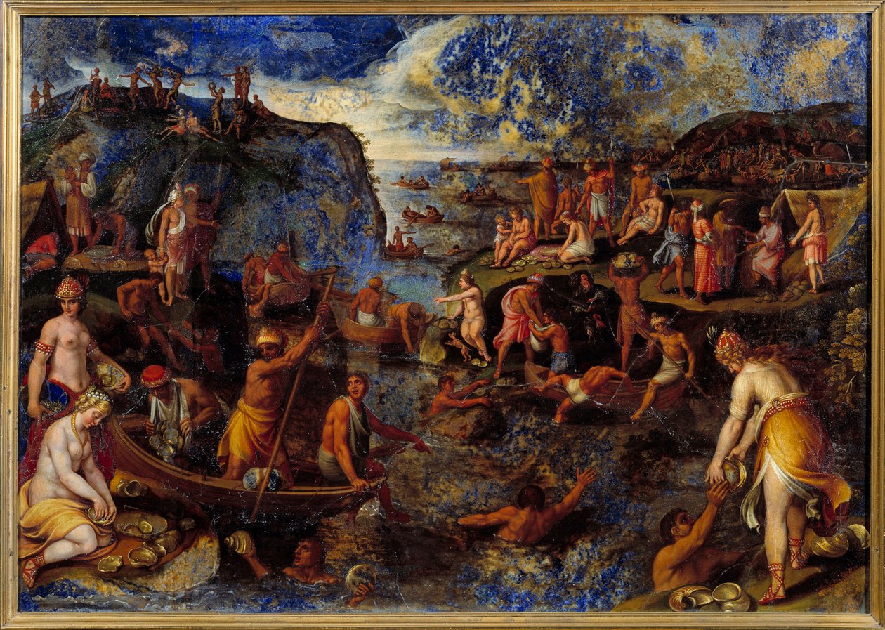 Pearl Fishing by Americans Målning med lapis lazuli av Antonio Tempesta