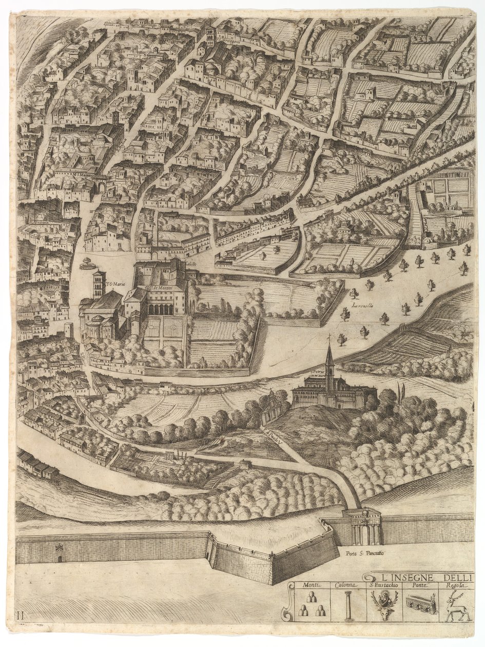 Plan över staden Rom. Del 11 med San Pancrazios vänstra strand, 1645. av Antonio Tempesta
