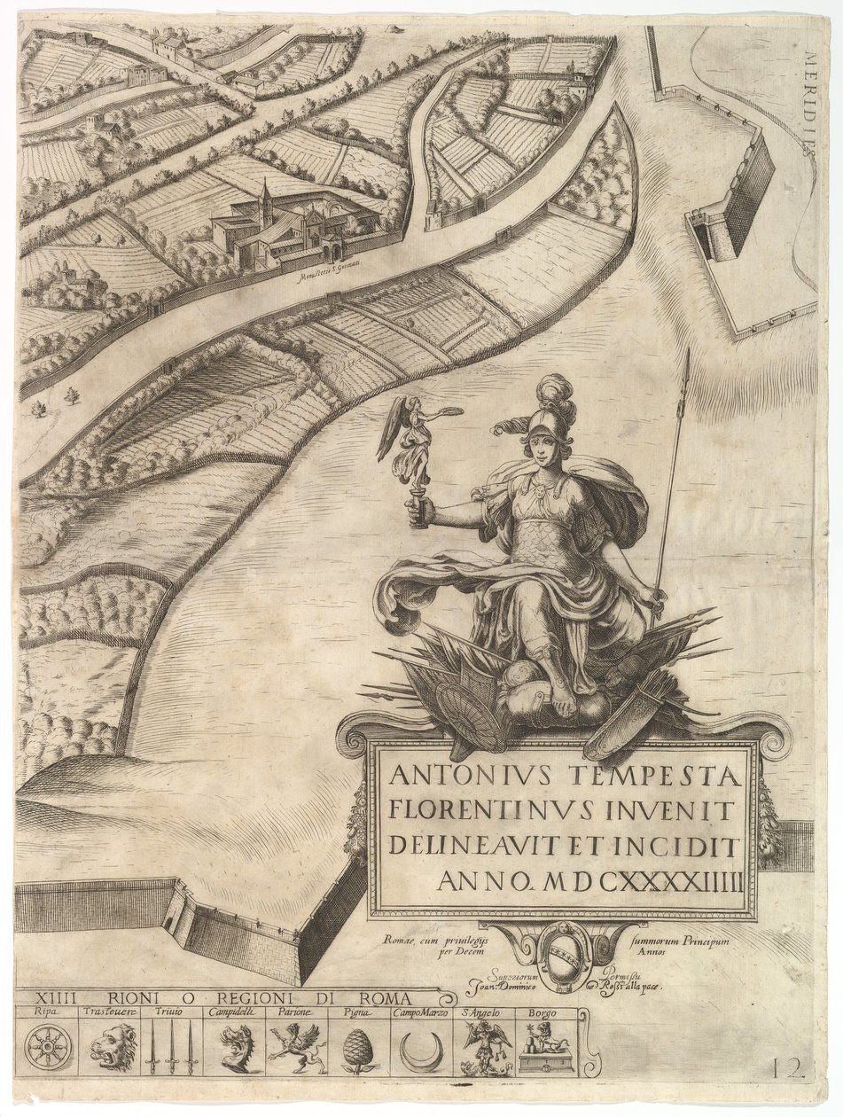Plan över staden Rom. Del 12 med stadens sydvästra gräns och en stor bil..., 1645. av Antonio Tempesta