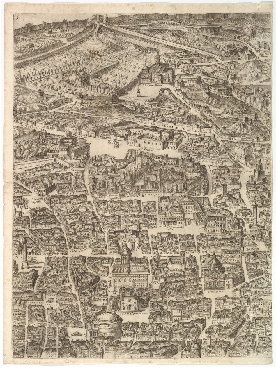 Plan över staden Rom. Del 3 med Santa Maria Maggiore, Pantheon och Trajanus ..., 1645. av Antonio Tempesta