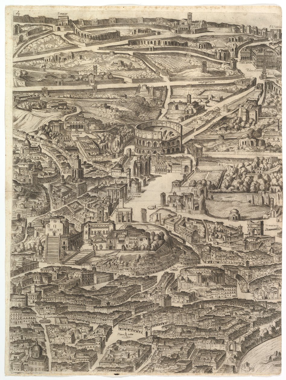 Plan över staden Rom. Del 4 med Santa Maria i Aracoeli, Forum Romanum, ..., 1645. av Antonio Tempesta